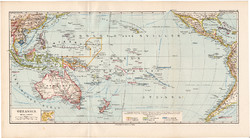 Óceánia térkép 1892, eredeti, Meyers atlasz, német nyelvű, Ausztrália, Csendes - óceán, Új - Záland