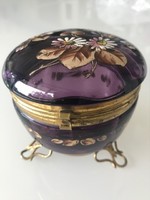 Antique hand-painted purple glass bonbonier in a gilded copper frame, 9 cm high