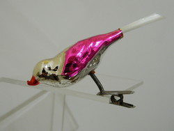 Régi üveg karácsonyfadísz rózsaszín-ezüst csipeszes madár 