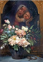 Stark Teréz (1856 - 1946): Pünkösdirózsák háttérben Mária képpel