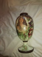 Antik kalcedon üveg váza 1900 as  kézzel festett.