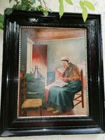 Festmény széles antik fekete keretben Varrogató asszony, jelzett