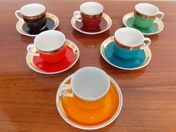 Retro Hollóházi porcelán színes aranyozott régi kávés csésze pohár 6 db 