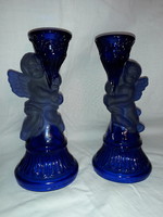 Kobald kék üveg gyertyatartó pár angyal putto figurával