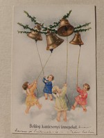 Régi karácsonyi képeslap 1940 körül angyalos harangos levelezőlap