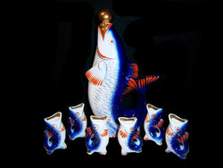 Retro Ukrán Kijev porcelán Art Deco hal figurás pálinkás készlet 1 nagy kiöntő 6 db pohár