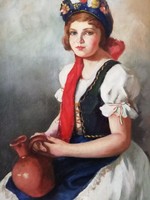 Dandé József: Lány korsóval olaj, vászon festmény, 80 x 60 cm