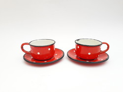 2 db piros zománcos kávéscsésze fehér pöttyökkel - kopott vintage mokkás, eszpresszós csészék fémből