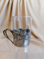 Ezüst szecessziós pohártartó üvegpohárral