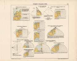 Térkép projekciók, színes nyomat 1913, térképészet, eredeti, térkép, projekció, nézet