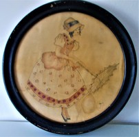 Antik,rokokó, selyemre festett kép, esernyős lány XIX.sz. vége