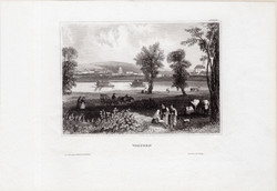Vác, acélmetszet 1850, Meyers Universum, metszet, Waitzen, Duna, Magyarország, eredeti
