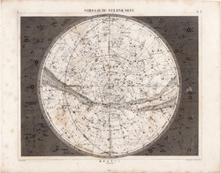 Északi csillagos ég, térkép 1849, metszet, eredeti, acélmetszet, csillagkép, csillag, csillagászat
