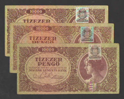 Tízezer pengő 1945. 3 db, különböző színű bélyegekkel!!  NAGYON SZÉP BANKJEGYEK!!