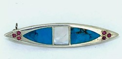 Unique ruby, turquoise and mother-of-pearl gemstone silver brooch, scarf pin --new