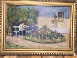 Hölgy a kertben c. olaj-vászon festmény, olvashatatlan szignó!