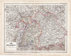 Dél - Németország térkép 1870, eredeti, német nyelvű, Kozenn, atlas, régi, Európa, XIX. század