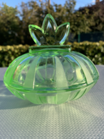 Art Deco zöld üveg bonbonier kínáló tál asztalközép, szelence, ékszertartó, asztaldísz, zöldüveg