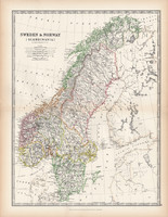 Svédország és Norvégia térkép 1883, eredeti, atlasz, Johnston, angol, 36 x 47 cm, Skandinávia, észak