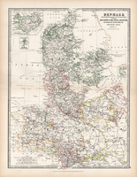 Dánia térkép 1883, eredeti, atlasz, Keith Johnston, angol, 36 x 47 cm, Európa, észak, Poroszország