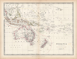 Óceánia térkép 1883, eredeti, atlasz, Keith Johnston, angol, 36 x 47 cm, Ausztrália, Polinézia, régi