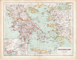 Görögország térkép 1870, eredeti, német nyelvű, atlas, Kozenn, régi, antik, Athén, Kréta