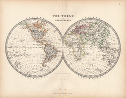 Világtérkép 1883, eredeti, atlasz, Keith Johnston, angol, 36 x 47 cm, térkép, félteke, félgömb, Föld