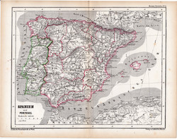 Spanyolország és Portugália térkép 1870, eredeti, német nyelvű, atlas, Kozenn, régi, antik, Madrid