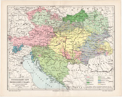 Osztrák - Magyar Monarchia etnográfiai térkép 1896, német nyelvű, eredeti, etnográfia, néprajz, régi