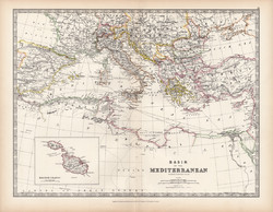 Földközi - tenger vidéke térkép 1883, eredeti, atlasz, Keith Johnston, angol, 36 x 47 cm, Málta, dél