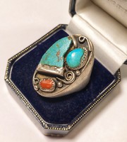 Türkiz és korall köves kézműves ezüst gyűrű