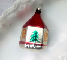 Üveg karácsonyfa dísz festett 6 szögletű házikó 