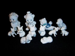 12 db kicsi porcelán állat figura: maci, kutya, cica / macska