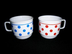 2 db régi Zsolnay porcelán kék és piros pöttyös bögre, csésze