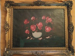 Murin Vilmos: Rózsacsokor vázában. Szignóval, eredeti keretben