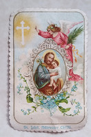 Régi kis szentkép Szent József angyalos csipkés szélű imalap emléklap 1900 körül 