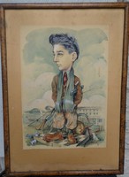 Portré akvarell festmény Internátus. Balaton hattér, ! Homan Kàroly, Aukciókon is! Karikatúra !