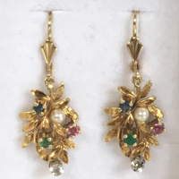 Tutti Frutti Gold 585/14K Diamond Ruby Emerald Pearl Sapphire Earrings Old Vintage