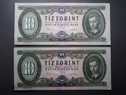 10 Forint 1969 papírpénz sorszámkövető pár - Régi, hajtott, papír tíz Ft-os bankó pár eladó