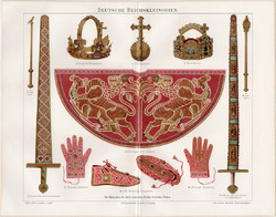 Német koronázási jelvények, ékszerek, színes nyomat 1896, német nyelvű, litográfia, eredeti, korona