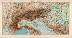 Az Alpok hegy- és vízrajzi térkép 1907, atlasz, Kogutowicz Manó, magyar nyelvű, hegység, Európa