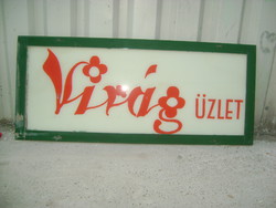"VIRÁG ÜZLET" - retro cégtábla, hirdető tábla - festett üveg fa keretben