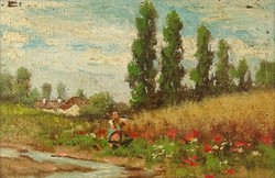 1C503 Magyar festő XX. század : Patakparti tanya nyárfasor mellett