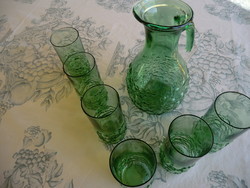 Kecses kancsó 6 pohárral buborékos technikával zöld üveg antik kancsó13x25 cm