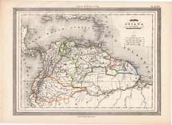 Kolumbia, Ecuador, Guyana térkép 1861, olasz, eredeti, atlasz, Dél - Amerika, észak, Venezuela