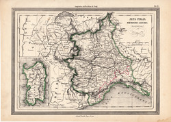 Piemont és Liguria térkép 1861, olasz, eredeti, atlasz, Olaszország, Szardínia, tartomány, állam