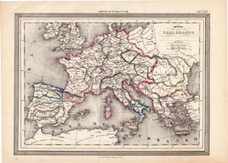 Nagy Károly birodalma térkép, kiadva 1861, olasz, eredeti, atlasz, történelmi, francia, Európa