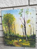 Festmény farostlemezen, erdő 30X36cm
