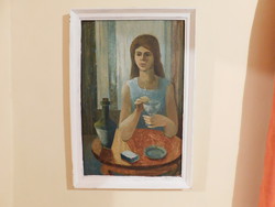 László Tibol (1940-2002) girl with cocktail glass 1972, oil, wood
