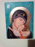 Ikon, fára festett Szűz Mária kis Jézussal
